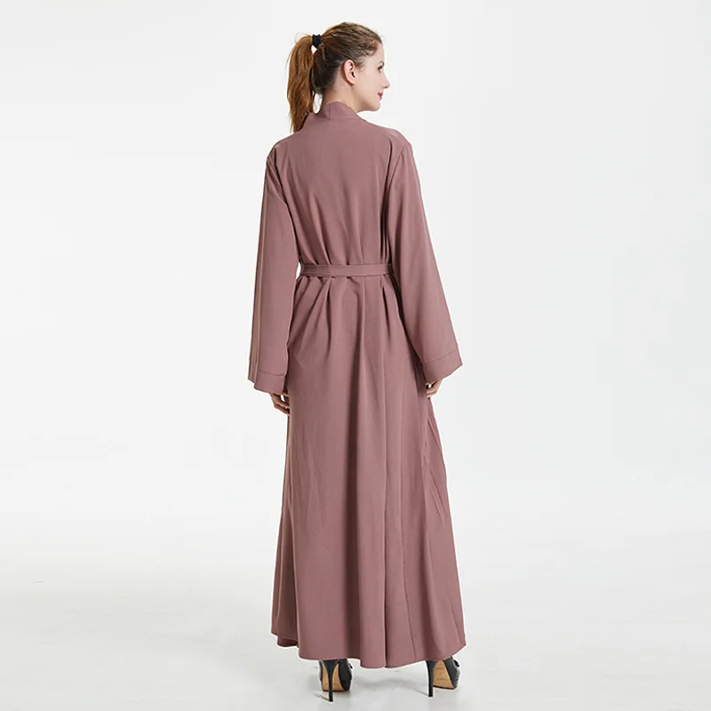 2018 Autumn new arrive arab tunic robes with belt front open muslim abaya dress solid color islamic clothing collections