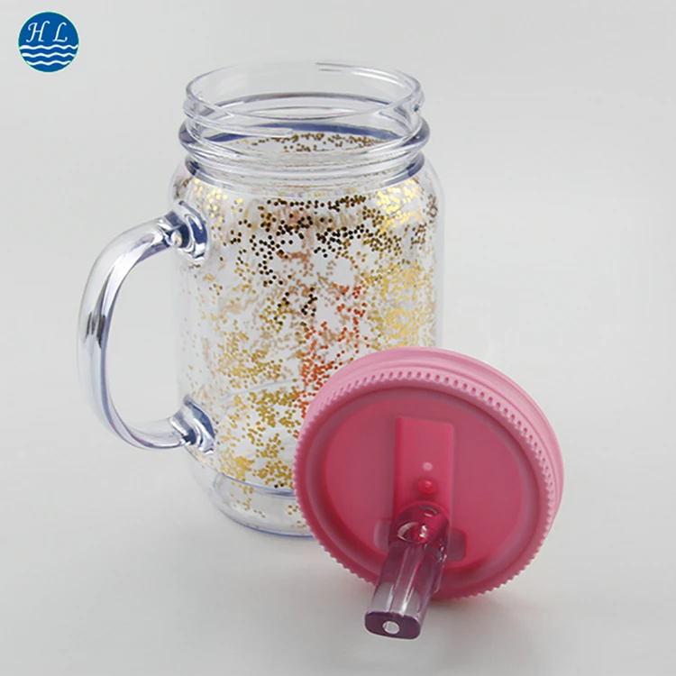 Factory direct supply 16 oz plastic mason jar with handle straw