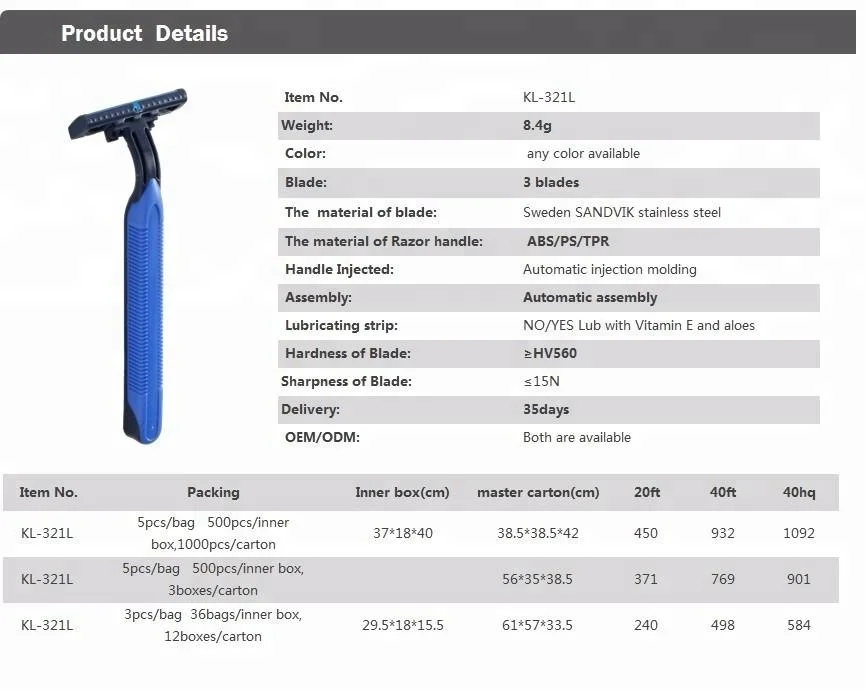 KL-R321L triple blade razor with fixed head high quality rubber handle disposable razor
