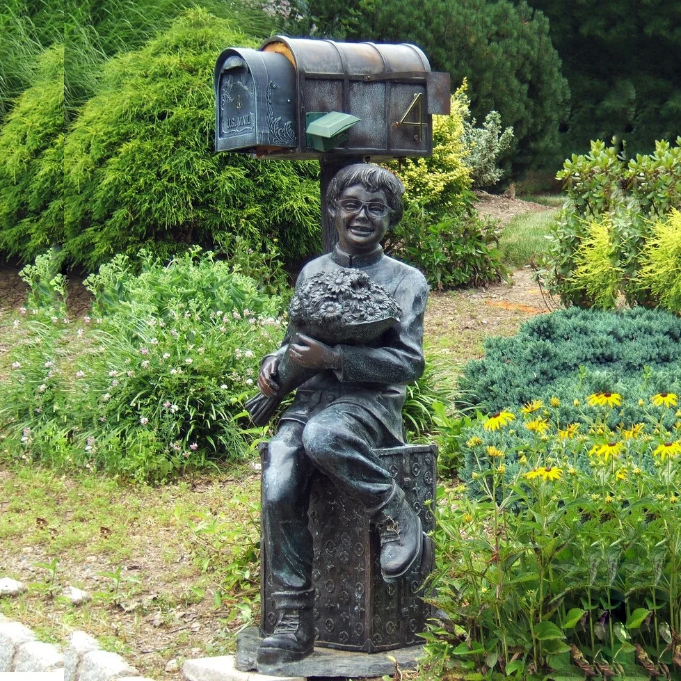 Home Garden Decoration Bronze Figure Sculpture Reading Boy Mailbox Statue Sit On Tree With Dog