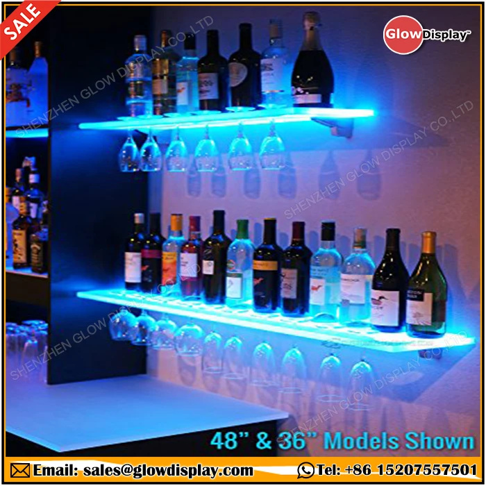 LED Lighted Floating Bar Shelves with Integrated Wine Glass Rack