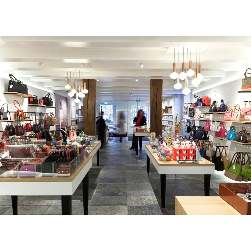 LUX Customized Chinese Supplier Whole Store Decoration Bespoke Fashion Design Handbag Shop Wood Glass Display Furniture Shop
