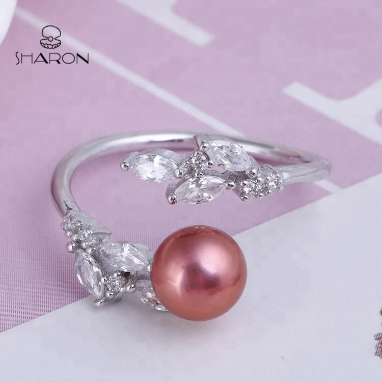 Wholesale  Leaves Jewelry Sterling Silver Adjustable Girl Real Freshwater Pear Crystal  Ring