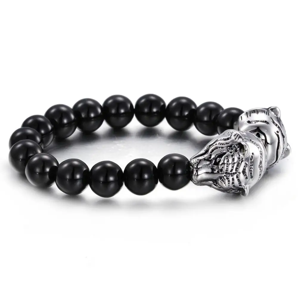 
Fashion Elastic Adjustable Casting Stainless Steel Wolf Head Tiger Dragon Glass Stone Beads Bracelets 