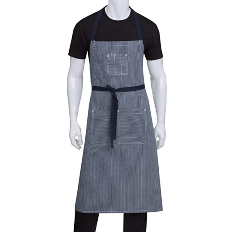 Striped Catering Pinafore Canvas Chef Bib Apron With Adjustable Straps For Kitchen