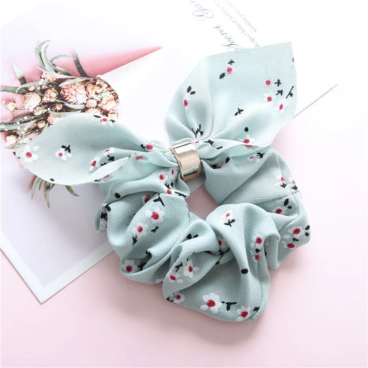 Fashion flower print hair scrunchies bunny ear ponytail holder hair ties women