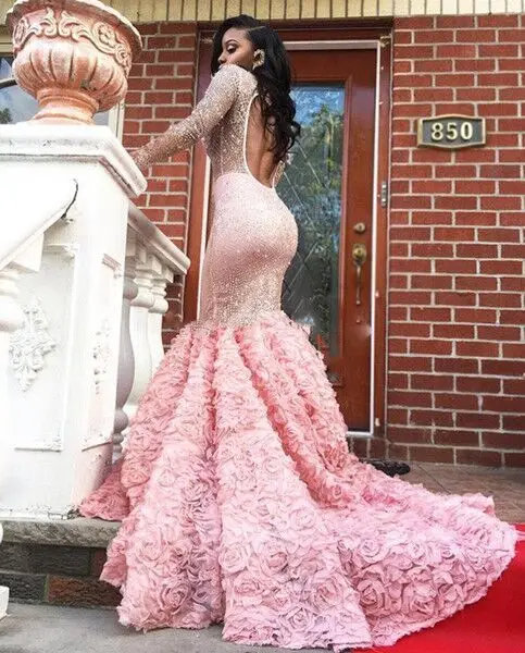 
ZH1503X Gorgeous Pink Long Sleeve Prom Dress Sexy See Through Long Sleeve Open Back Mermaid Evening Gowns Formal Party Dress 