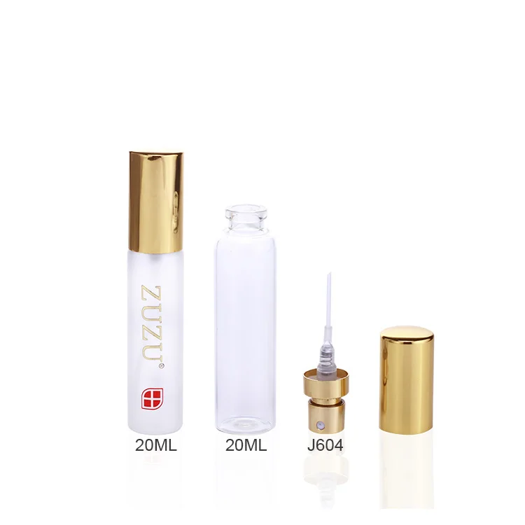 Custom made logo 15ml 20ml crimp neck mist sprayer pump over caps empty frosted transparent glass perfume spray bottles