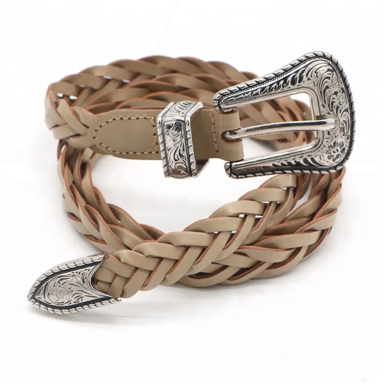 New vintage woven carved leather ladies thin belt pin buckles leather belt fashion wild casual narrow waist seal for women