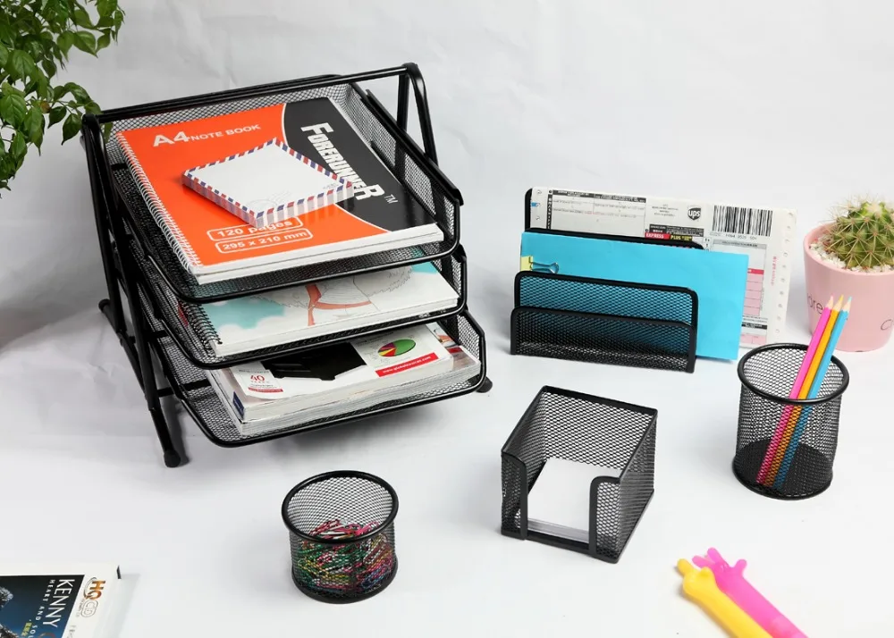 Hot Sell metal Mesh office desk organizer Stationery set with 5PCS