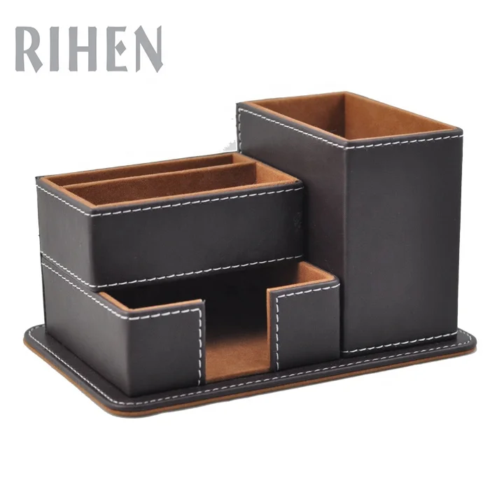 Коричневый кожаный держатель для записей, настольный органайзер для ручек с часами