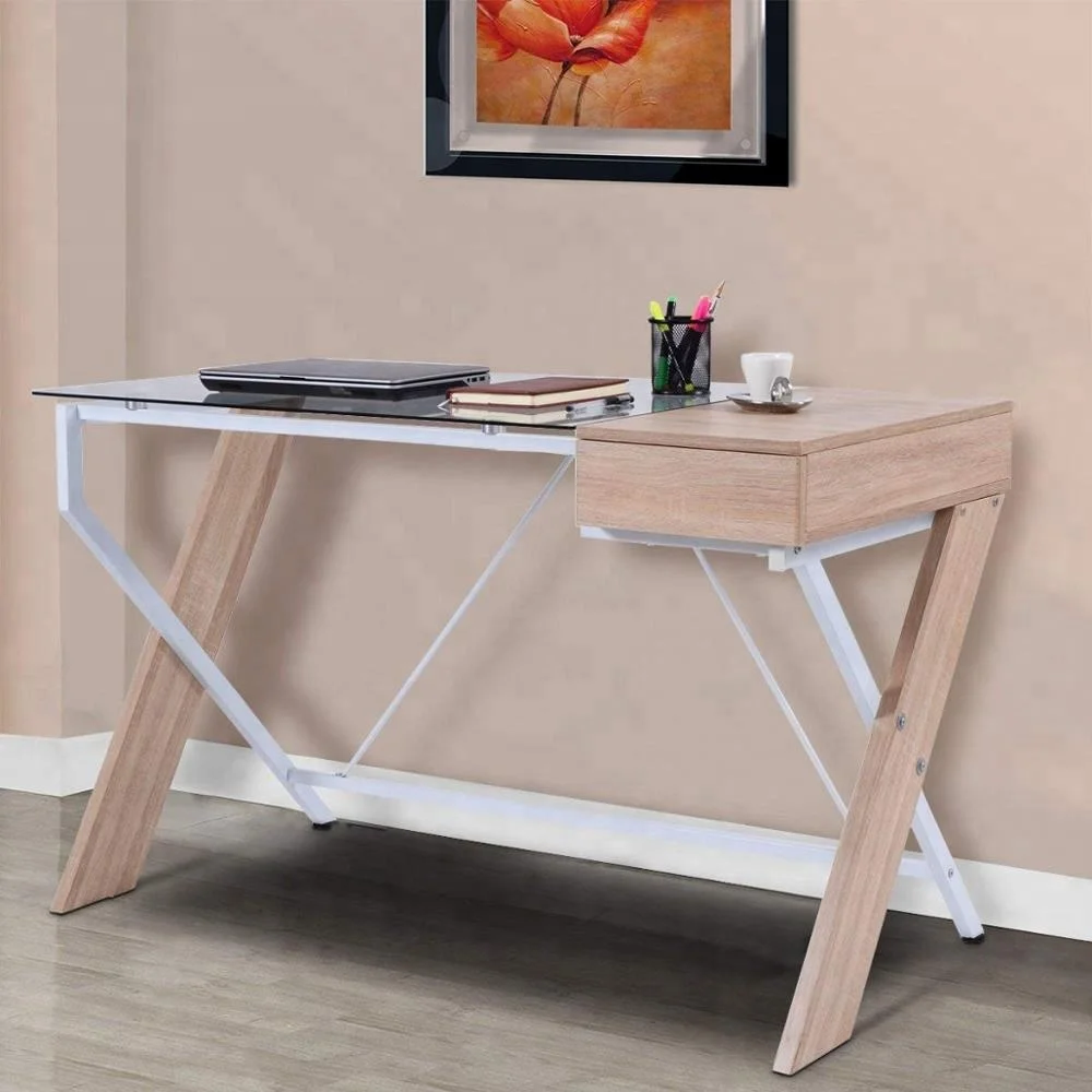 Laptop Computer Desk with drawer Wood /Glass Tabletop for Home Office Work Study Writing Desk Table Modern Computer Workstation