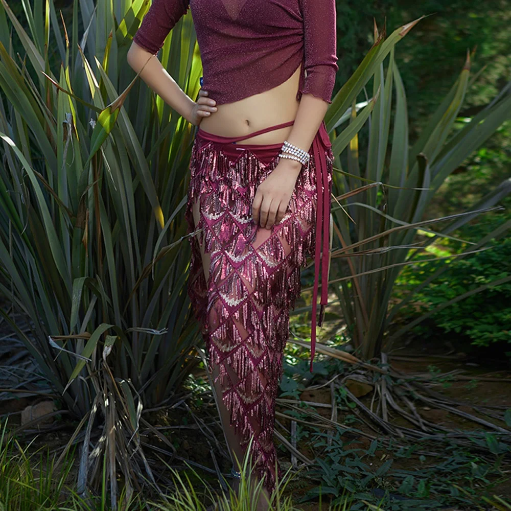 Bestdance Sequin Tassel Hip Scarf Skirt Belly Dance Costumes Triangle Fringe Shawl Skirts