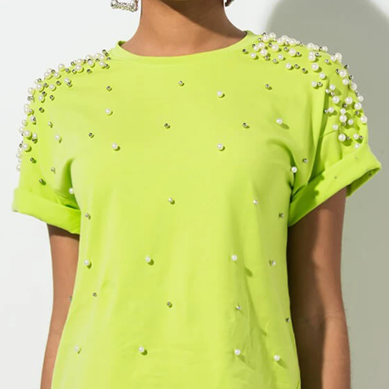 
Custom Wholesale Neon Green Pearl Embellished Short Sleeve T Shirt Women 