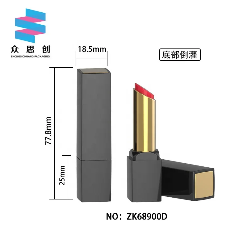 Custom hot stamping logo empty square plastic cosmetic packaging bottom filling fancy lipstick container with gold lid
