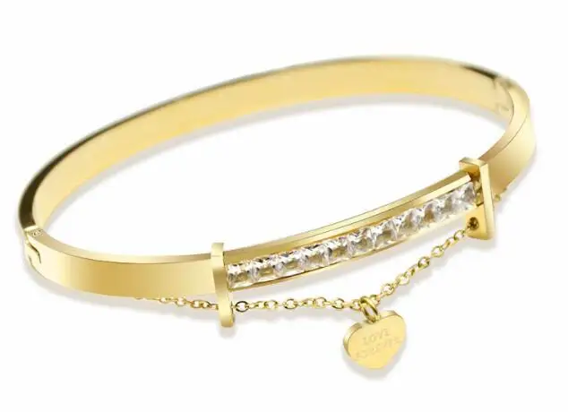 Stainless Steel Stones And Heart Charm Metal Bracelet