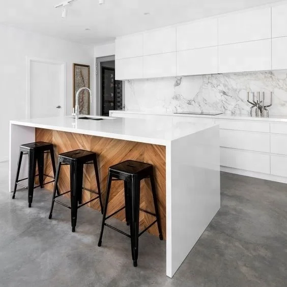 French cream white matte designed custom made kitchen cabinet with small island