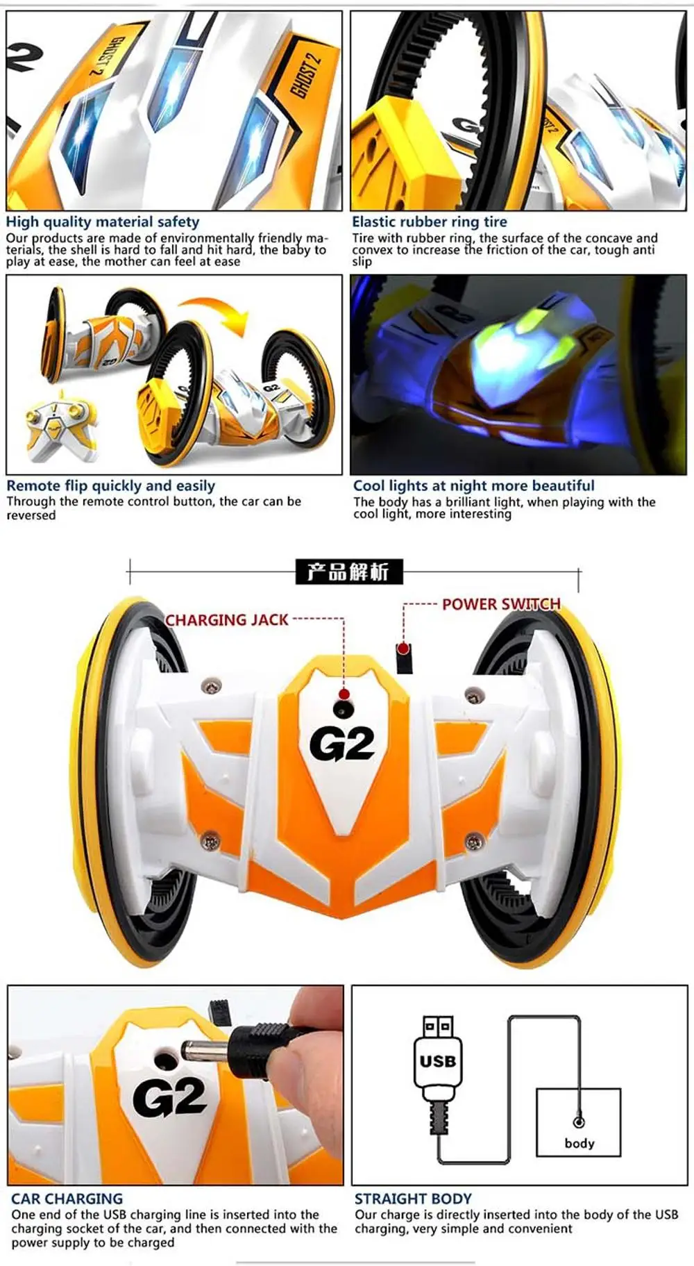 Remote Control Toy Two Wheels Double Side RC Stunt Car with LED Light