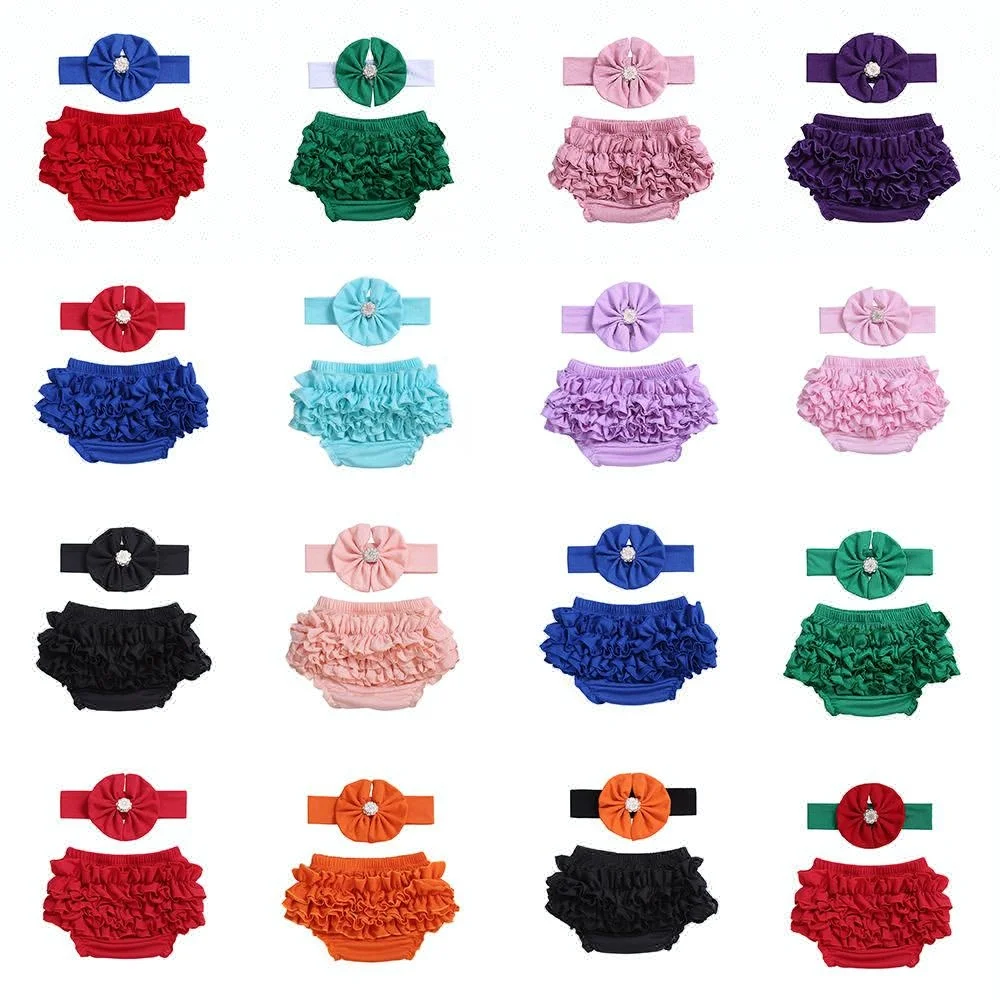 Multiple colors for choice wholesale soft cotton baby ruffle bloomers with headband