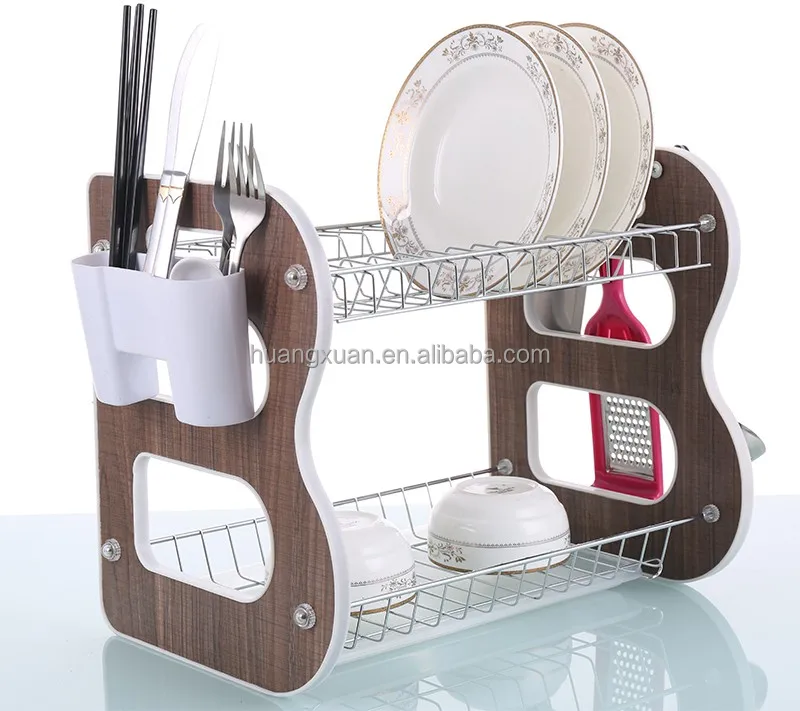 
2 tier antique wood wall plate rack WL242 