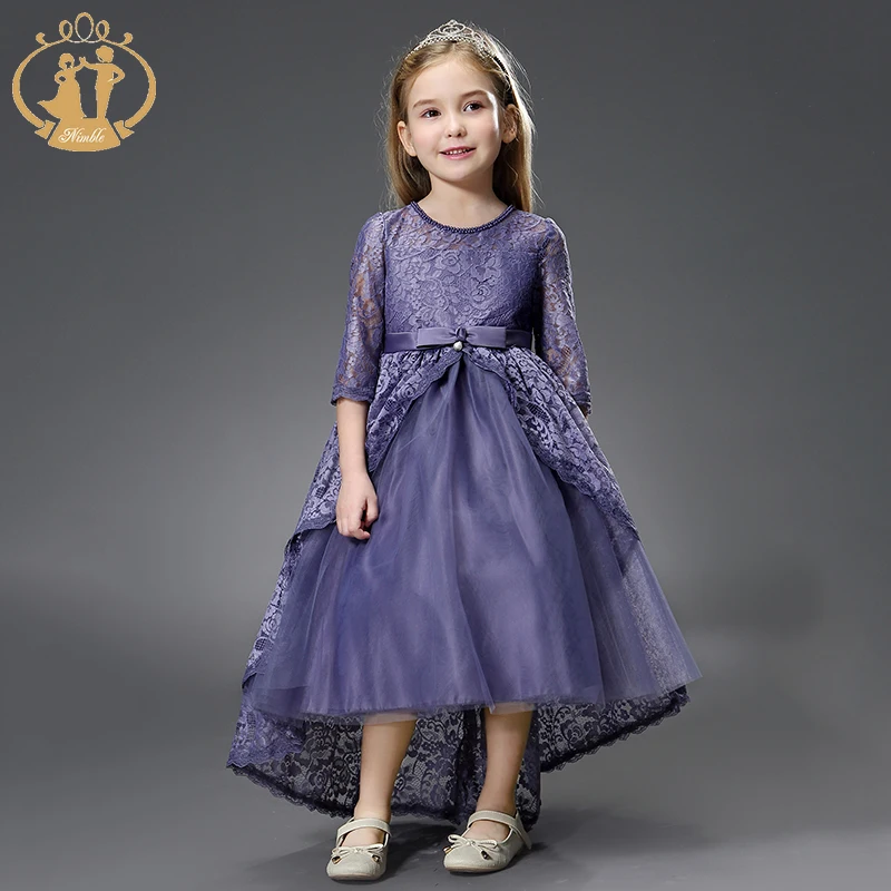 Nimble Designer Purple Flower Girl Dress High Collar Heavy Beading Satin Princess Gril Dresses With Long Train