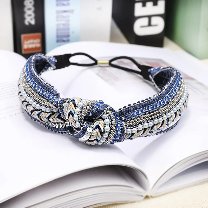 LRTOU Wholesale Custom Boho Handmade Weave Knot Plastic Hair Band Bead Crystal Stretchy Headband For Adult Women