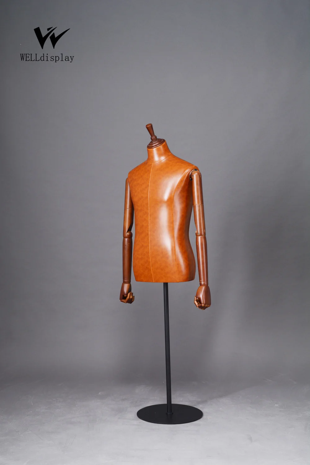 BROWN LEATHER MALE BUST, MALE TAILORING MANNEQUIN TORSO WITH WOODEN ARMS