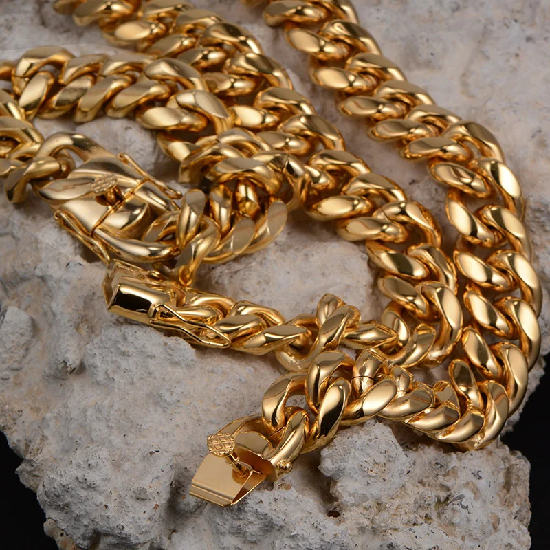 High Quality PVD Gold Plating  Stainless Steel Miami 18mm Cuban Chain For Man