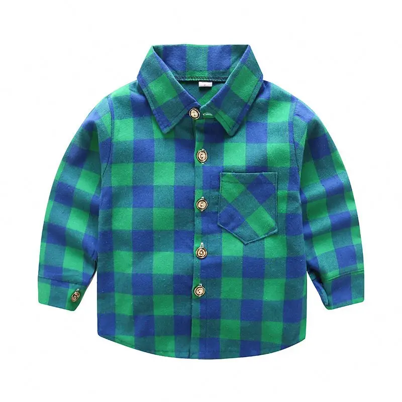 
BOY KID SPREAD COLLAR GREEN BLUE PLAID FLANNEL SHIRT 