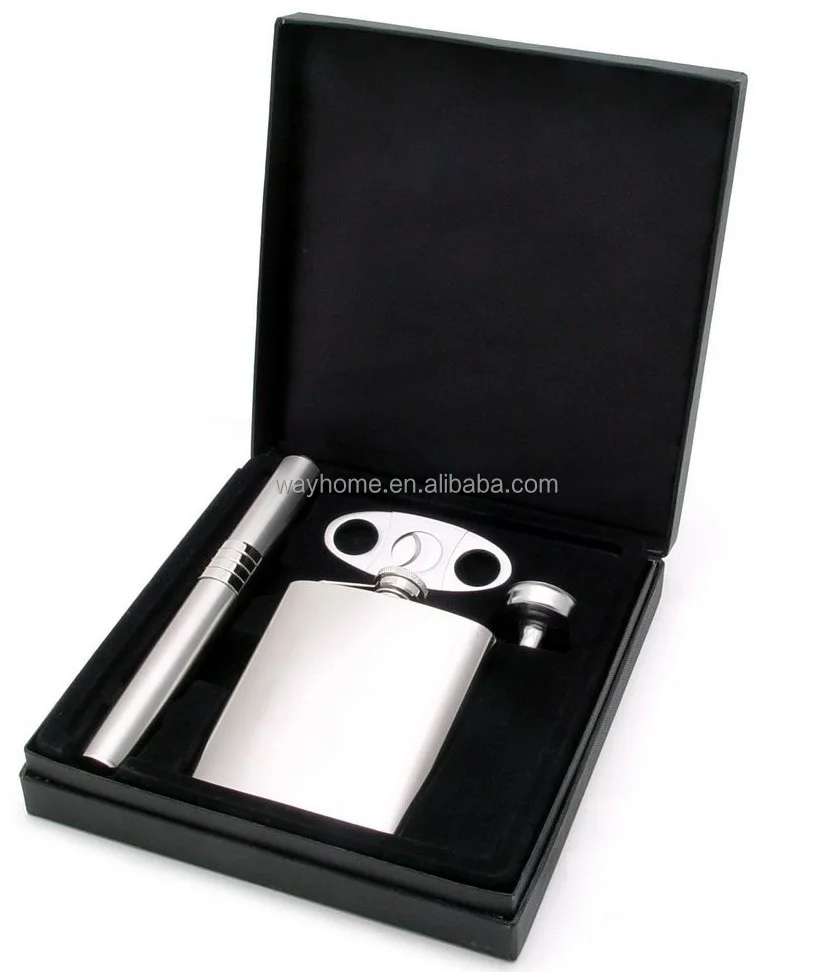 Gift Box Pack Cigar Cutter Flask and Cigar Holder Case Tube Set WCB-G005