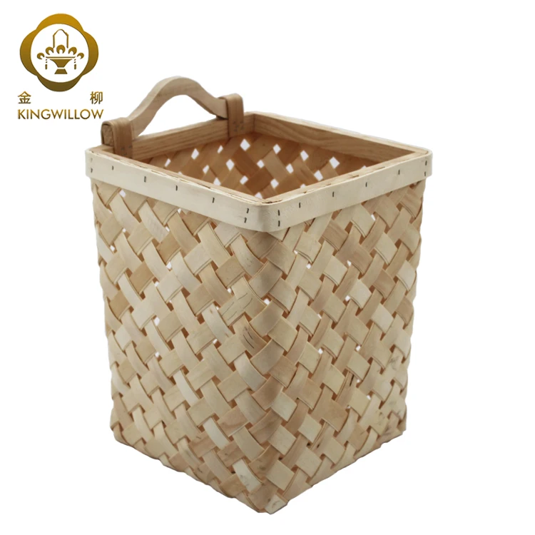 Cheap handamde eco friendly wood chip hanging storage basket for sundries with handles