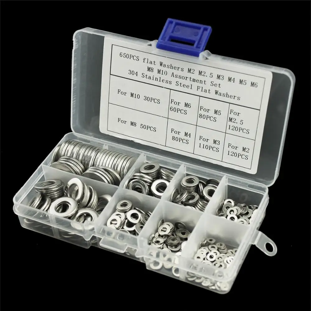 M2 M2.5 M3 M4 M5 M6 M8 M10 Stainless Steel Flat Washer Assortment Kits Plastic Box