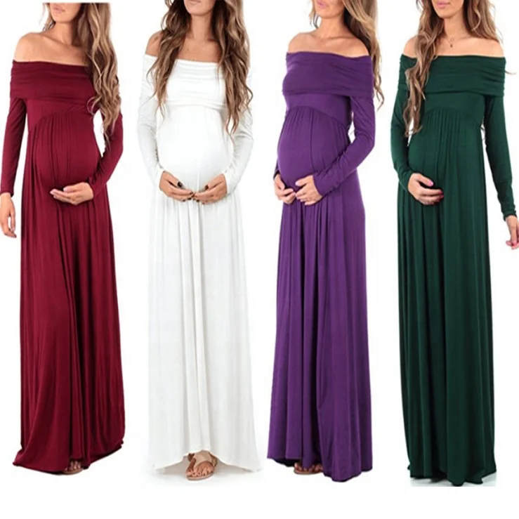 Off Shoulder Long Sleeve Solid Pregnant Photography Photo Shoot Maternity Clothes Casual Long Maternity Dress For Photography