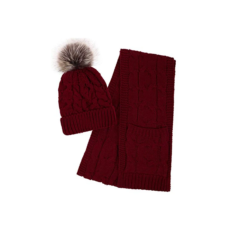 Warm Winter Knit Pom Pom Beanie Hat and Scarf Set, 2-Pieces Winter Knitted Set for Men and Women