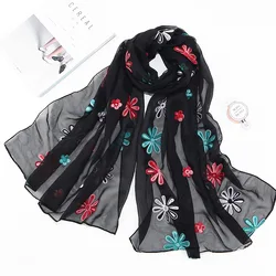 Wholesale Fashion Indian Nepal 2020 Elegant Women Spring Summer Literature And Art Embroidery Flower Silk Scarf Shawl Scarves