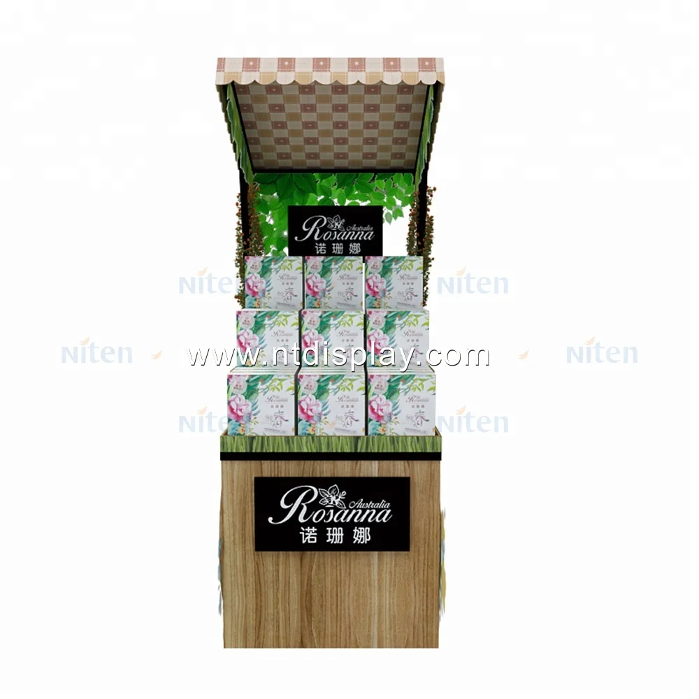Creative Custom Mall wooden candy cart ornate metal material beauty care products skin care display for promotion with wheel