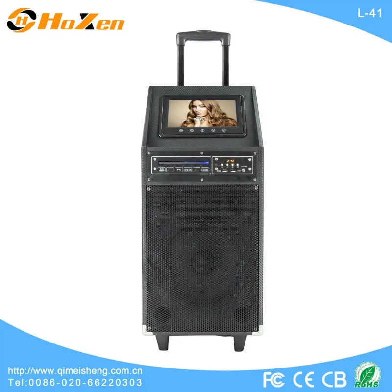 Портативный активный деревянный динамик на колесиках с USB/SD/FM/беспроводным микрофоном/пультом дистанционного управления/экраном 7 или 9 дюймов/DVD/перезаряжаемой батареей