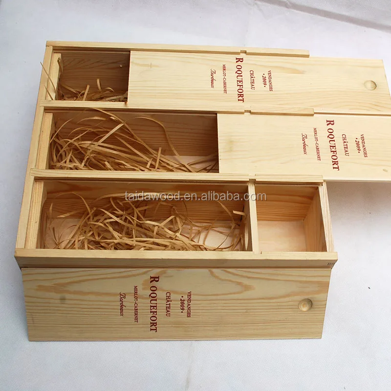 Large Pine Wooden Triple Champagne Bottle Box Plywood Slide Lid Wine Box
