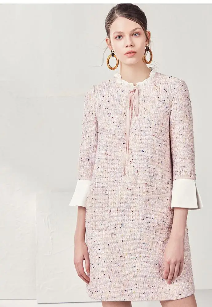 Office ladies Ruffle Round Neck Bell sleeves Pink Tweed knee-Length Fashion Dress
