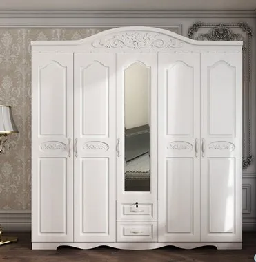 Simple modern plate five-door wardrobe pastoral Korean wooden combination economy with mirror white wardrobe