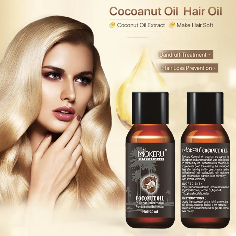 Mokeru 30ml Natural Organic Coconut Hair Oil Repair Smooth Damaged Hair Growth Oil Leave in Conditioner for Hair Care Treatment