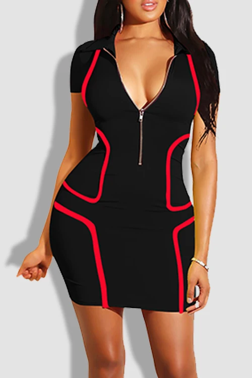 Sexy v-neck zipper short sleeve stripe splicing bodycon dress women one piece mini dress
