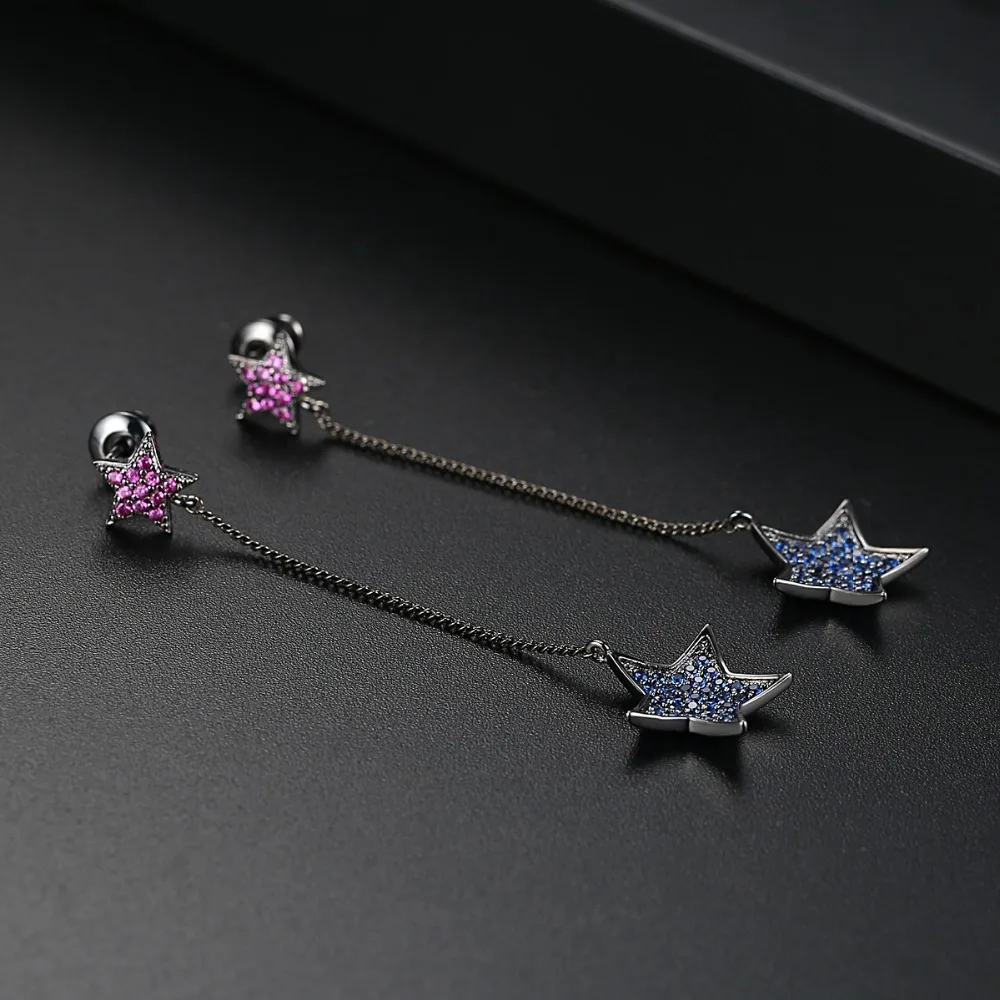 LUOTEEMI Black Rhodium Dark Blue Cubic Zirconia Double Stars Statement Bar Drop Earrings Stylish Jewelry For Women Gift Idea