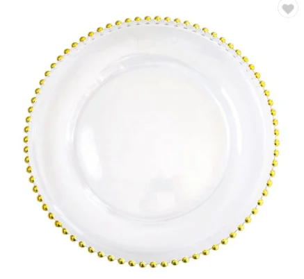 
Crystal beaded reef gold glass charger plates wed party underplates 