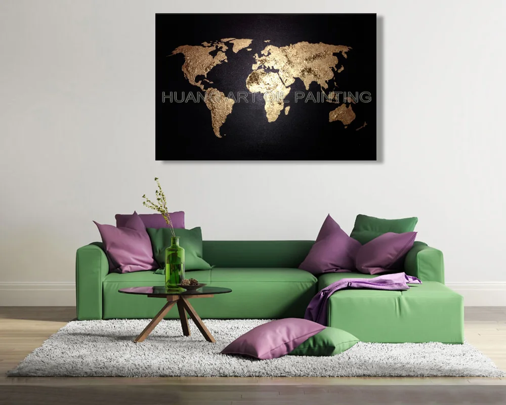 Hand-painted High Quality Modern Golden Abstract World Map Landscape Oil Painting on Canvas Wall Oil Painting for Living Room