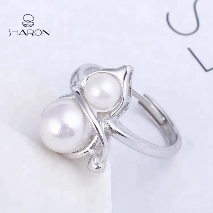 Hot Sale Jewelry Gourd Shaped Sterling Silver Adjustable Natural Freshwater 2 White Pearl Ring