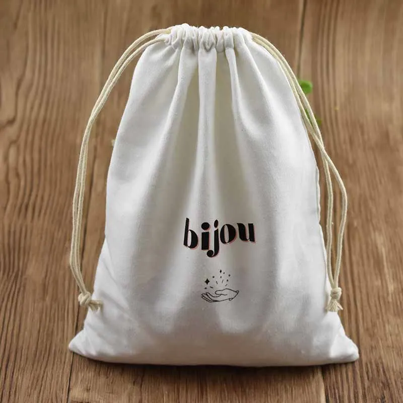 Сверхпрочная оптовая продажа Экологически чистая сумка на шнурке из органического хлопка с черной лентой