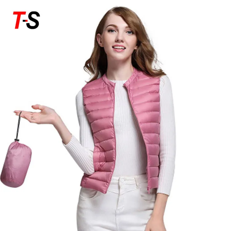 Custom waterproof stand collar short light down packable vest jacket for women