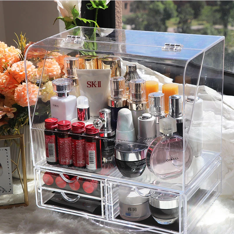 Modern Clear Acrylic Countertop Pull Out Storage Drawer/Cosmetic Organizer Box w/Tissue Dispenser