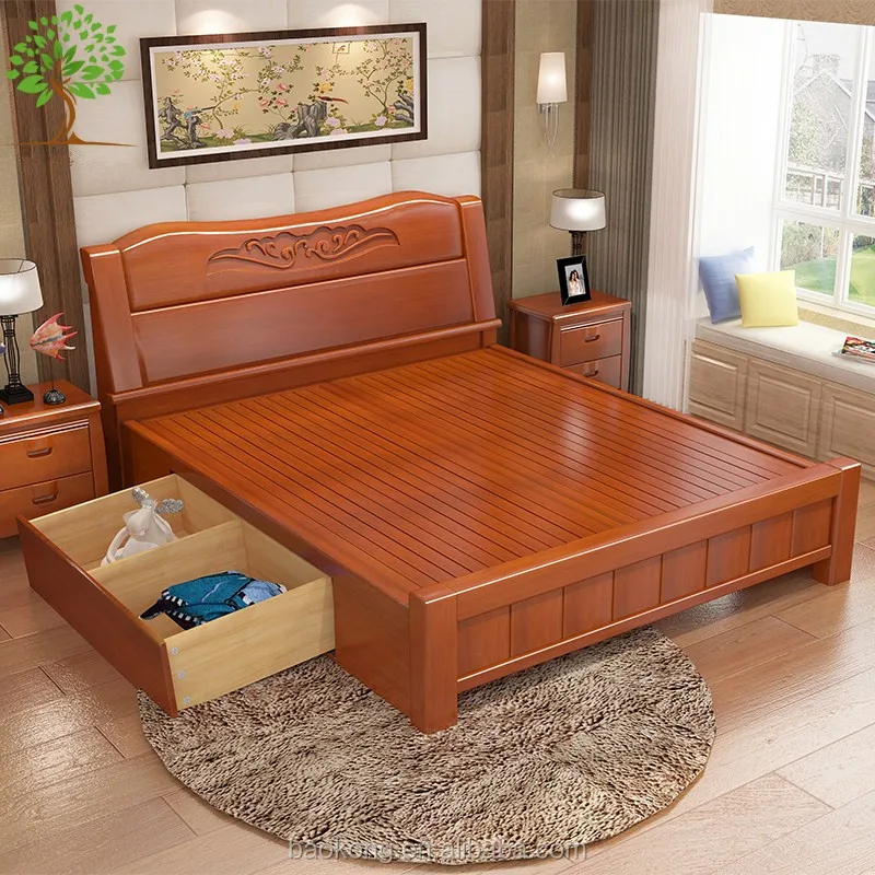 Luxury Solid Wood High Back Carved Headboard  Bed With Storage